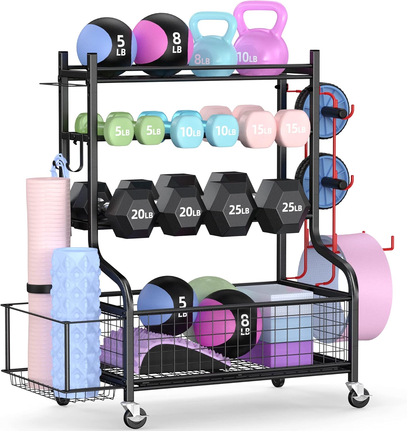 Home Gym Dumbbells - ชั้นวางดัมเบลสำหรับยิมที่บ้าน พร้อมล้อเลื่อน เหล็กแข็งแรงทนทาน จัดเก็บได้ครบในที่เดียว พร้อมตะขอและตะกร้า