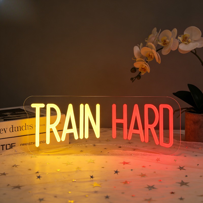 Home Gym Yellow - ป้ายไฟนีออน LED สีเหลืองแดง TRAIN HARD สำหรับสร้างแรงบันดาลใจในการออกกำลังกาย
